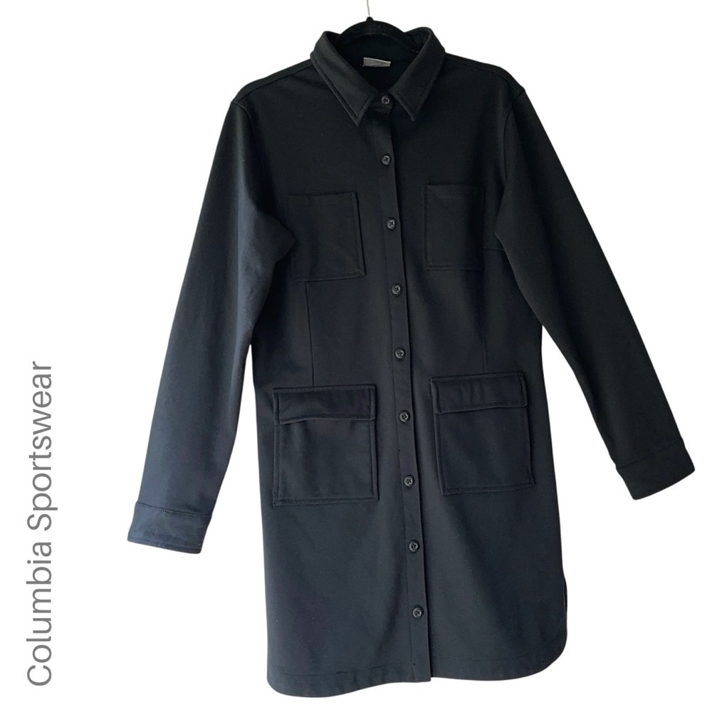 COLUMBIA | NWOT BUTTE HIKE BLACK PONTE KNIT DRESS POCKETS BUTTON UP | LARGE